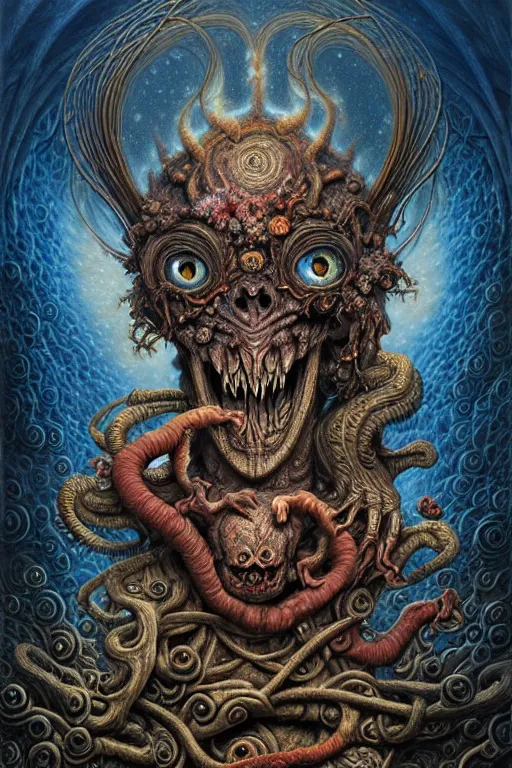 Image similar to A beautiful detailed grotesque monster super cute tarot card, by tomasz alen kopera and Justin Gerard, symmetrical features, ominous, magical realism, texture, intricate, ornate, royally decorated, mechanic, skeleton, whirling smoke, embers, red adornements, blue torn fabric, radiant colors, fantasy, trending on artstation, volumetric lighting, micro details, 3d sculpture, ray tracing, 8k, anaglyph effect, digital art