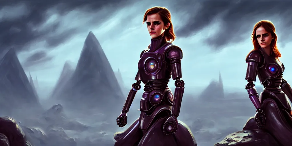 Image similar to emma watson, chrome robot, matte oil painting, retrofuturistic, colorful, concept art, science fantasy, rpg, epic, dungeons & dragons, sharp focus, award - winning, extremely detailed, 4 k, 8 k