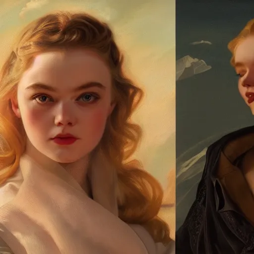 Image similar to leyendecker and peter paul rubens, head and shoulders portrait of a elle fanning, nighttime, at sea, ray tracing, unreal engine, fantasy art by global illumination, radiant light, detailed and intricate environment