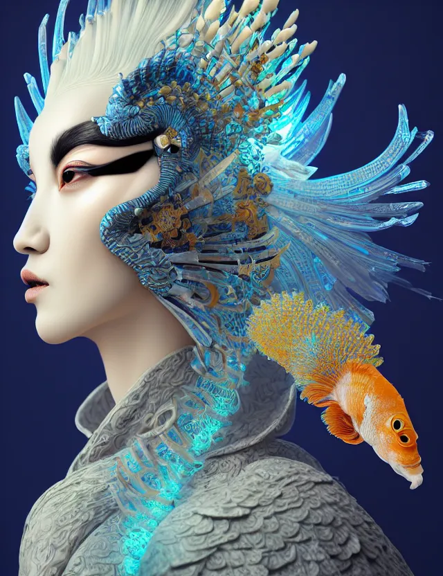 Image similar to 3 d goddess in robe close - up profile portrait with ram skull. beautiful intricately detailed japanese crow kitsune mask and clasical japanese kimono. betta fish, jellyfish phoenix, bio luminescent, plasma, ice, water, wind, creature, artwork by tooth wu and wlop and beeple and greg rutkowski