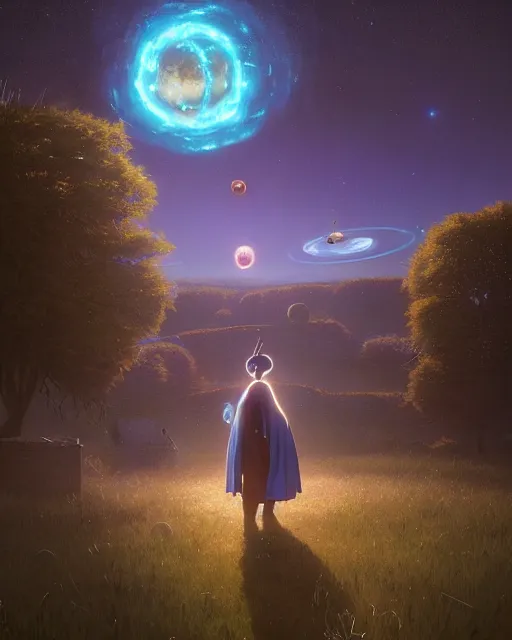 Image similar to highly detailed surreal vfx portrait of a futuristic mage in a rural farm with planets in background, stephen bliss, unreal engine, greg rutkowski, loish, rhads, beeple, makoto shinkai and lois van baarle, ilya kuvshinov, rossdraws, tom bagshaw, alphonse mucha, global illumination, detailed and intricate environment