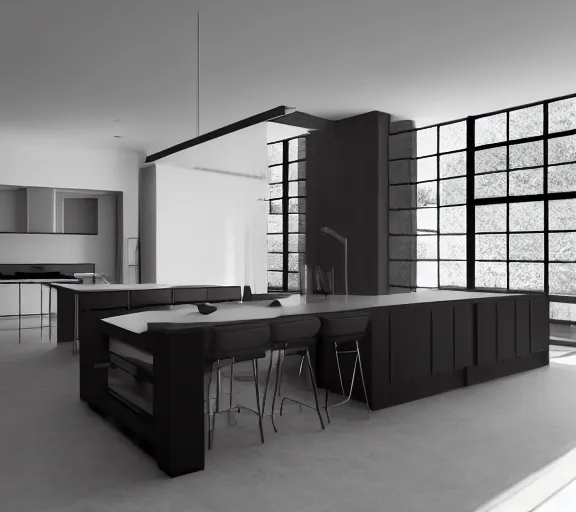 Prompt: brutalist black mansion luxury kitchen with 2 islands interior design minimalist organic, organic architecture furniture open space high quality octane render blender 8 k