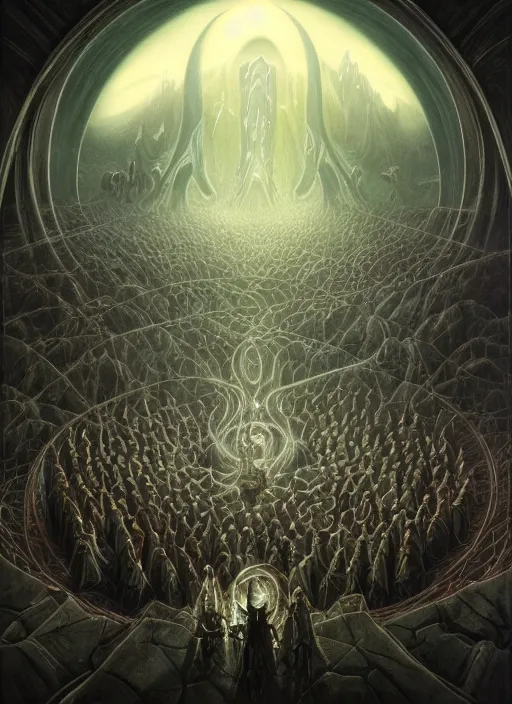 Image similar to a quantum computer surrounded by a dark cabal of multiple hooded elven mystics in long dark robes gathered in a circular formation, dan seagrave art, michael whelan, artstation, cgsociety, epic scifi fantasy art