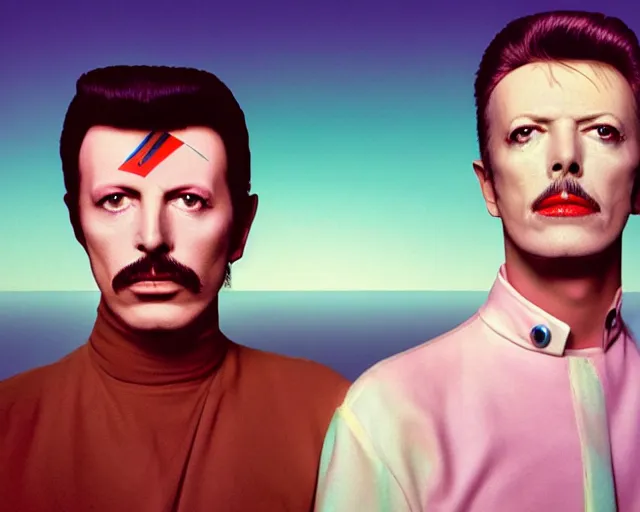 Image similar to Freddy mercury and david bowie starring at the camera, neutral face, 4k, pastel colours, by beeple, album cover, accurate