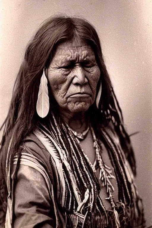 Image similar to “Photo of Native American indian woman, portrait, skilled warrior of the Chiricahua Apache, Lozen was the sister of Victorio a prominent Chief, showing pain and sadness on her face, ancient, realistic, detailed”