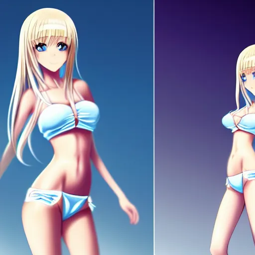 Image similar to tiny father a tall daughter picture : a very beautiful young blond macro anime girl with a tiny father, sky blue eyes, bikini, white miniskirt, highly detailed, cinematic wallpaper by stanley artgerm lau