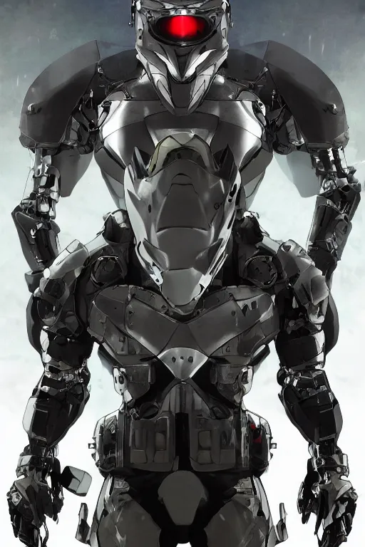 Image similar to cyber cyborg ninja mask helmet metal gear solid artic suit swat commando, global illumination ray tracing hdr fanart arstation by sung choi and eric pfeiffer and gabriel garza and casper konefal, a spectacular view cinematic rays of sunlight comic book illustration, by john kirby