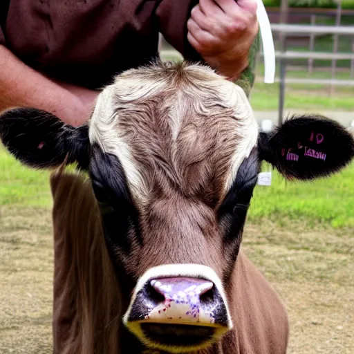 Image similar to mugshot of an inmate with the head of a cute calf