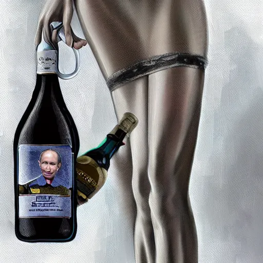 Image similar to vladimir putin wearing a mini skirt and holding a bottle of arak, cinematic, beautiful digital painting, hyper detailed