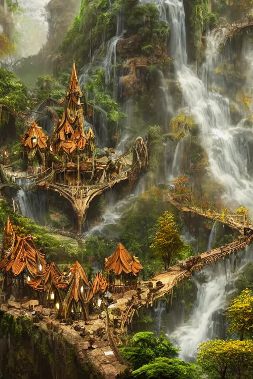 Image similar to wooden elven City with golden roofs, arches and bridges on top of a WATERFALL in the fall, gnarly trees, lush vegetation, forrest, a small stream runs beneath the waterfall, landscape, raphael lacoste, eddie mendoza, alex ross, john howe, concept art, matte painting, highly detailed, rule of thirds, dynamic lighting, cinematic, detailed, denoised, centerd, clean render