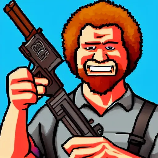 Image similar to bob ross in the style of duke nukem, full body, holding machine guns in both hands, fighting monsters