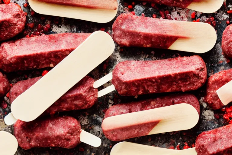 Image similar to dslr food photograph of ground beef popsicles, 8 5 mm f 1. 8