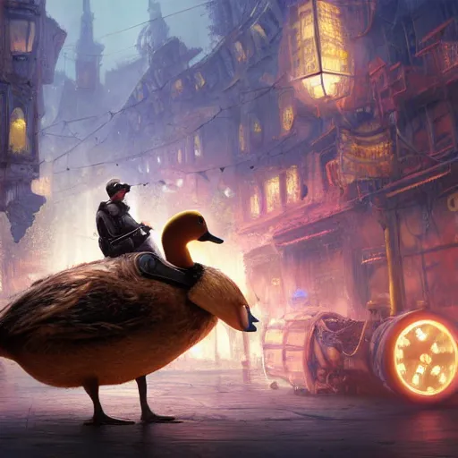 Prompt: oil painting of hamster riding giant duck, steampunk clothes, steampunk city background, sharp focus, fantasy style, octane render, volumetric lighting, 8k high definition, by greg rutkowski, highly detailed, trending on art Station, explosions, centered