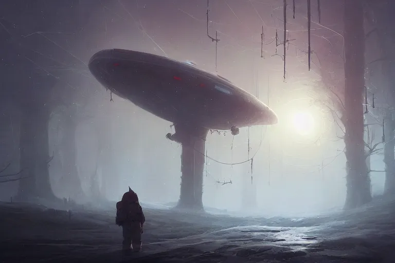 Image similar to jakub rosalski a magical animation from a video game of a spaceship hovering over a foggy winter landscape, by greg rutkowski and frank frazetta and peter mohrbacher and william blake and dan mumford, cinematic lighting, insanely detailed, intricate, artstation, cgsociety, painted by Simon Stalenhag, concept art, illustration, sharp focus