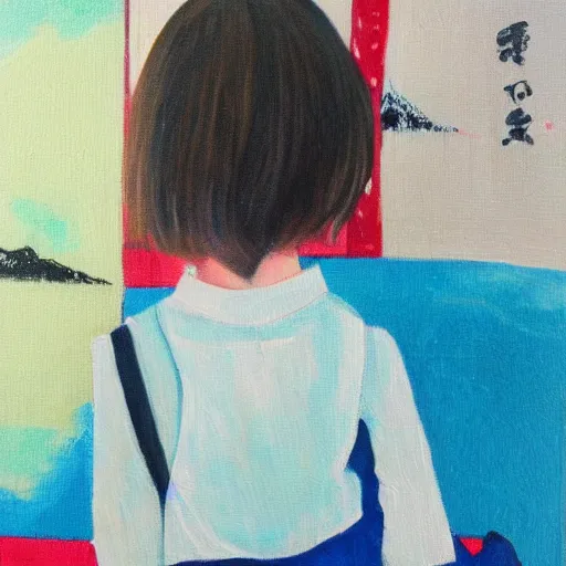 Image similar to a painting of Japanese schoolgirl, clothed, acryl