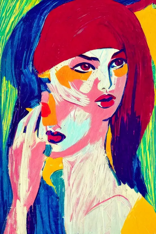 Prompt: 🥰 girl portrait, abstract, rich in details, modernist composition, coarse texture, concept art, visible strokes, colorful, Kirchner, Gaughan, Caulfield, Aoshima, Earle