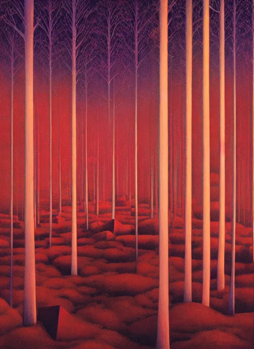 Prompt: an aerochrome forest below the stars Edward Hopper and James Gilleard, Zdzislaw Beksinski, Mark Ryden, Wolfgang Lettl highly detailed