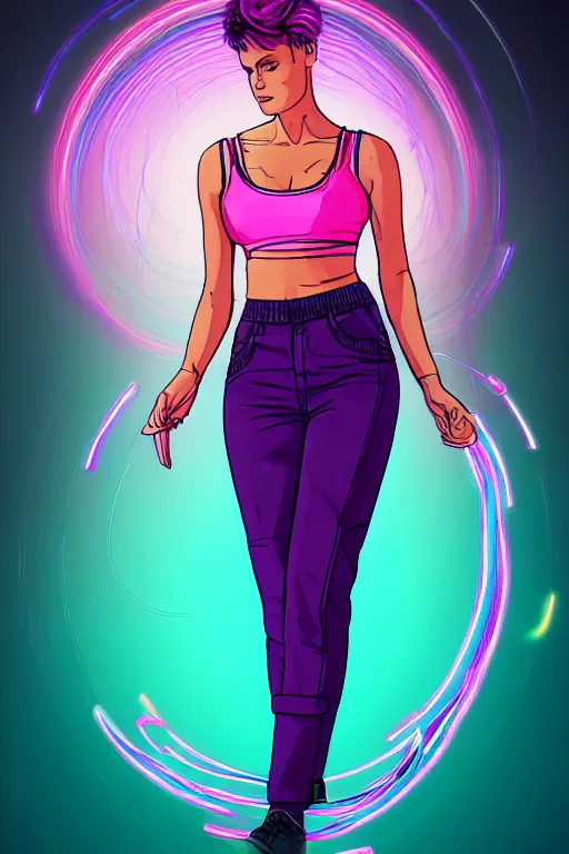 Image similar to a award winning half body portrait of a beautiful woman in a croptop and cargo pants with ombre purple pink teal hairstyle and hands in pockets by ari liloan, surrounded by whirling illuminated lines, outrun, vaporware, shaded flat illustration, digital art, trending on artstation, highly detailed, fine detail, intricate