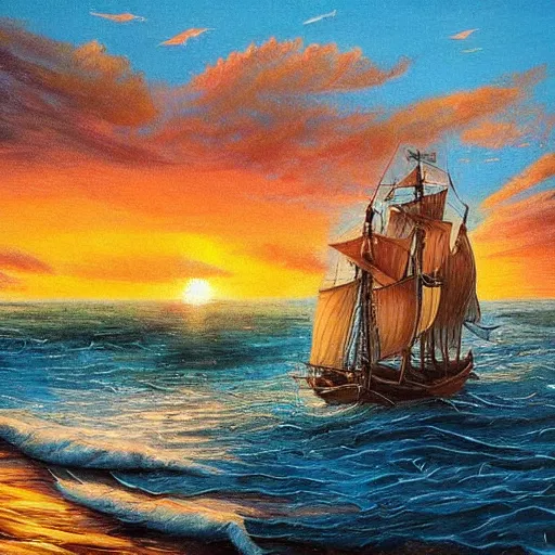 Image similar to ship in the sea, boat, sails, history, wood, oil painting, waves, romanticism, clouds, sunset, colorful