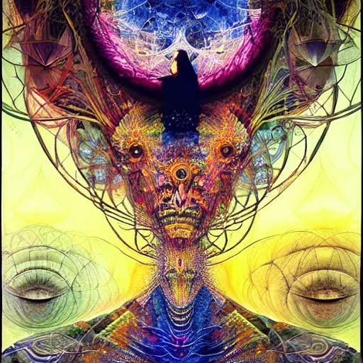 Image similar to visionary art of a transcendental voyage by android jones, collage artwork by dave mckean and yoshitaka amano