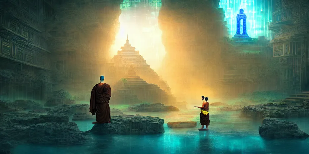 Prompt: buddhist monk in the Lost city of Atlantis, morning, un rising through eimagined as a cyberpunk dystopia, Hghly detailed digital art