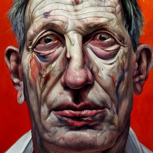 Image similar to high quality high detail painting by lucian freud, hd, old face with purple scars