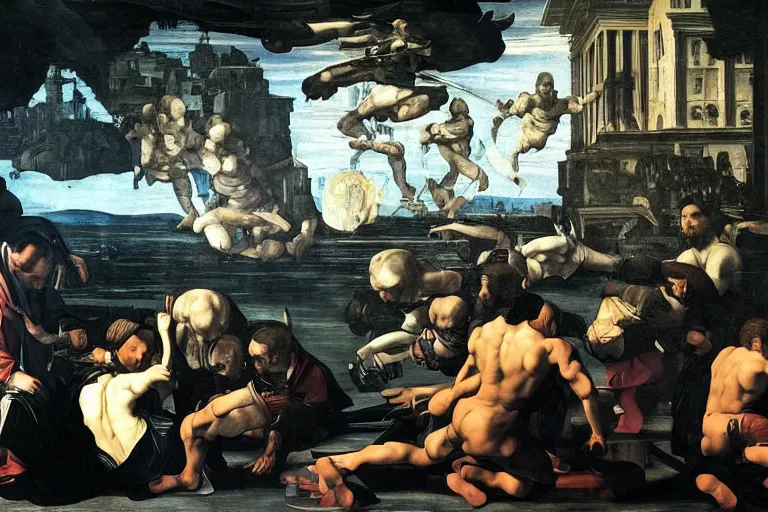 Image similar to Very Highly Detailed Elimination of humanity. Digital concept art by Caravaggio, very detailed face's, cyan dimensional light, Many Details by Michelangelo, Futuristic city as Background