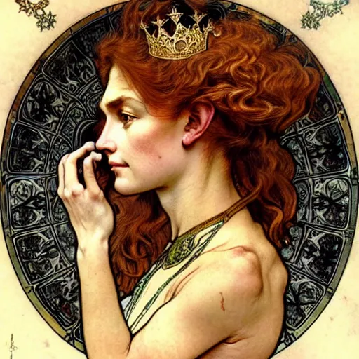 Prompt: highly detailed portrait of a majestic lioness queen as a beautiful woman. d & d, art by anton pieck and augustus edwin mulready and alphonse mucha and magali villeneuve. trending on artstation, intricate details, energetic composition, golden ratio, concept art, illustration, elegant art