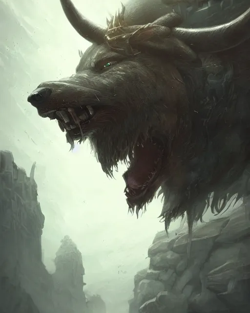 Image similar to A minotaur as a wolf, terrifying face, fantasy art, monster art, in the style of greg rutkowski, illustration, epic, fantasy, intricate, hyper detailed, artstation, concept art, smooth, sharp focus, ray tracing