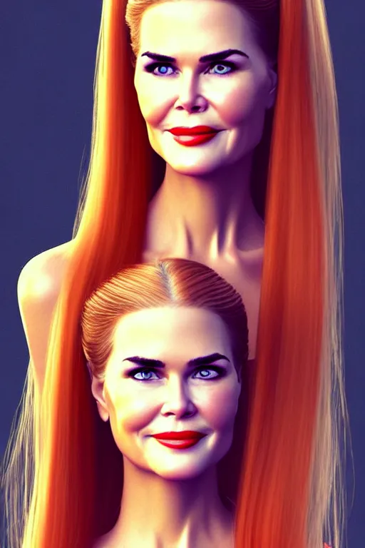 Image similar to mix of beautiful young maria shriver, mariel hemmingway, brooke shields, nicole kidman and elle macpherson as a snake girl with fangs, thin lips, hair tied up in a pony tail, dark blonde hair, colorful, artstation, cgsociety