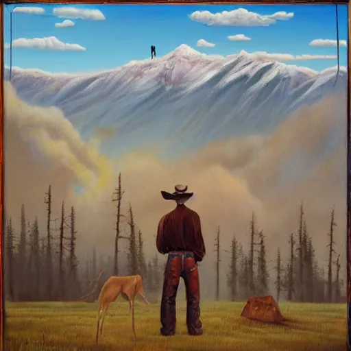 Image similar to surreal painting from a cowboy in front of the rocky mountains