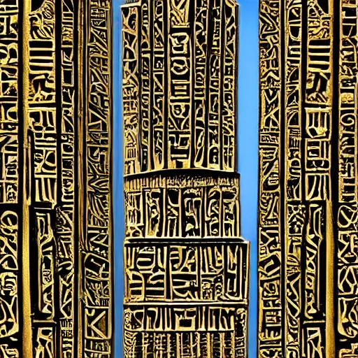 Prompt: stone skyscraper with ancient hieroglyphs from an unknown civilization, shiny gold intricate details, arid mountains and lush palm forest, volumetrically stacked like babylon, hanging plants