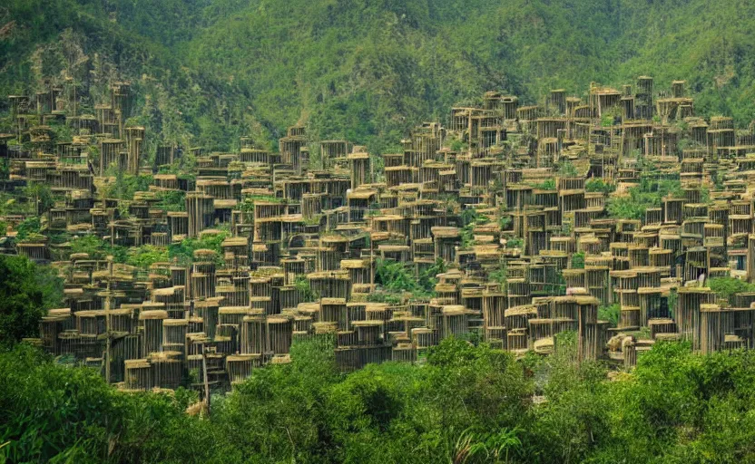 Prompt: green lush city with various trees and wooden buildings made from bamboo, built in death valley