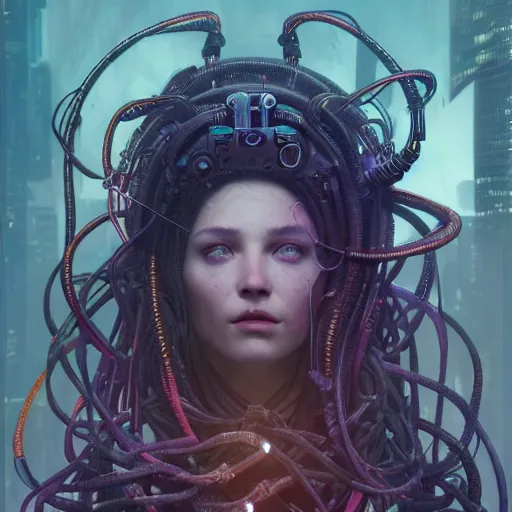 Image similar to portrait of Medusa with vr headset, cyberpunk, thick cables on the head, futuristic hi-tech details, ominous, intricate, art by anthony macbain + greg rutkowski + alphonse mucha, concept art, 4k, sharp focus, cinematic unreal engine