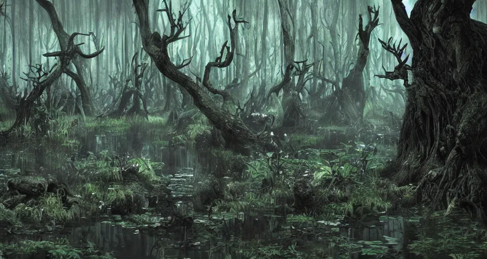 Image similar to A dense and dark enchanted forest with a swamp, from Final fantasy