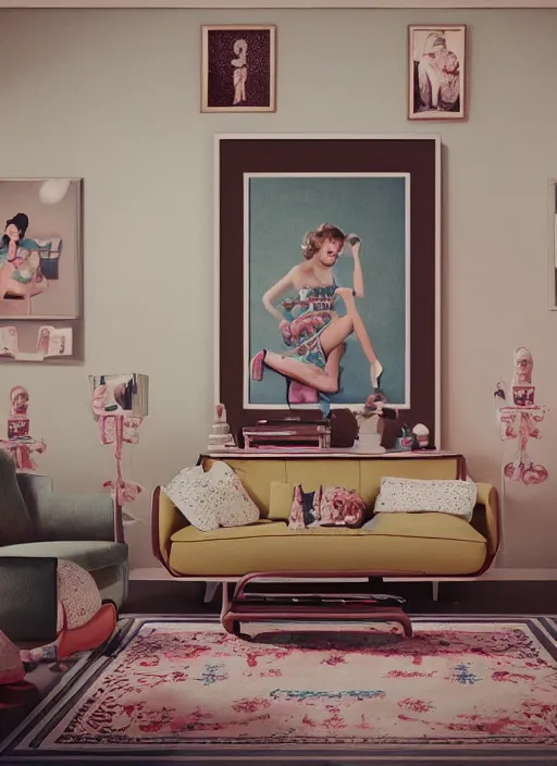 Image similar to wide - angle portrait of a retro 1 9 5 0 s living room, depth of field, zeiss lens, detailed, symmetrical, centered, fashion photoshoot, by nicoletta ceccoli, mark ryden, lostfish, breathtaking, 8 k resolution, extremely detailed, beautiful, establishing shot, artistic, hyperrealistic, octane render