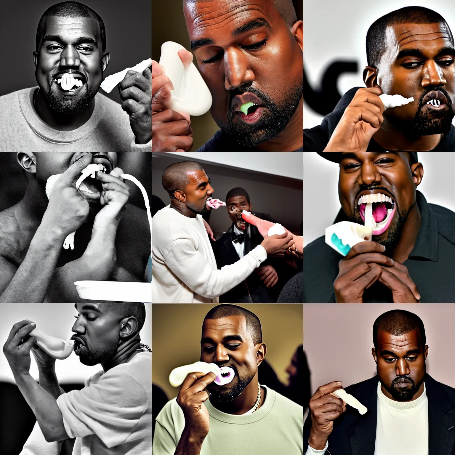 Prompt: kanye west squeezing toothpaste into his mouth