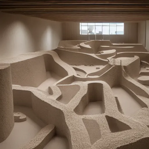 Prompt: indoor photo of a complex brutalist citadel made of 3 d printed rammed earth, people walking