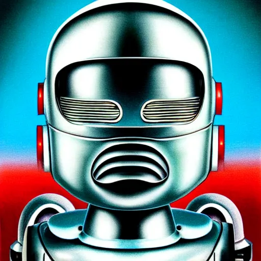 Prompt: airbrush illustration for omni magazine of a chrome robot head, illustration, airbrush, magazine cover, vivid, retro, grainy