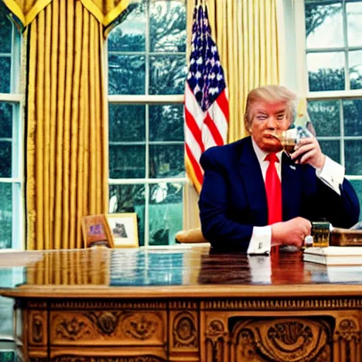 Prompt: Donal Trump drinking out of a bottle of whiskey, Oval Office, newspaper picture, realistic, close-up, pulitzer-prized photo, by Steve McCurry