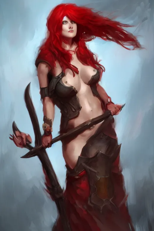 Prompt: a woman with red hair holding two large axes, concept art by senior character artist, artstation contest winner, fantasy art, concept art, artstation hd, 2 d game art