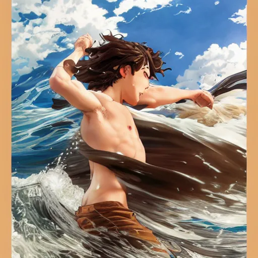 Image similar to epic battle brown haired boy summons a huge wave of water. photorealism. realistic. uhd. extremely detailed. masterpiece. dramatic. rule of thirds. jc leyendecker. repin. shigenori soejima.