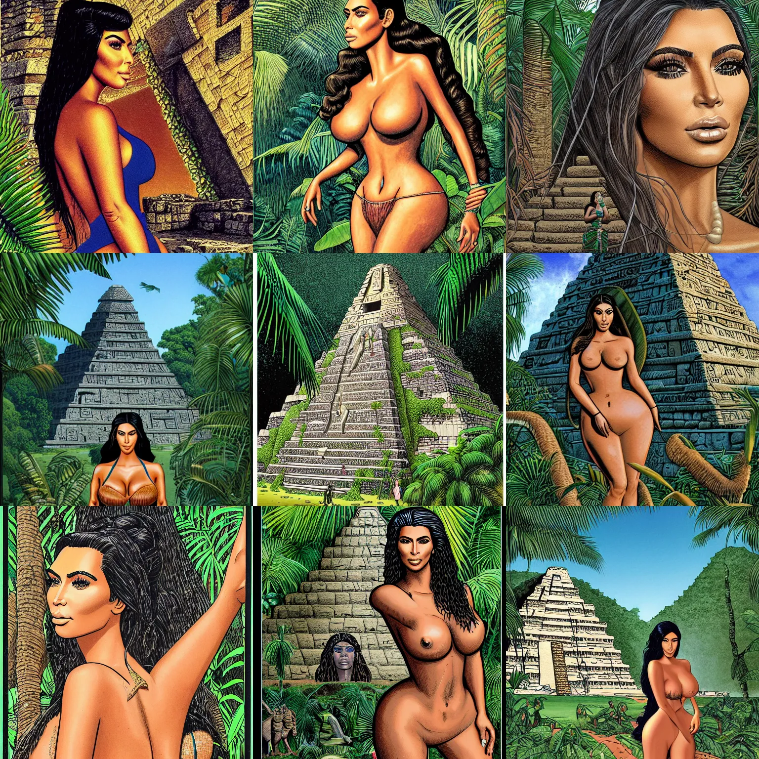 Prompt: detailed portrait of kim kardashian in mayan pyramid jungle ruins illustrated by georges bess, moebius, fred beltran, valentin secher, niko henrichon