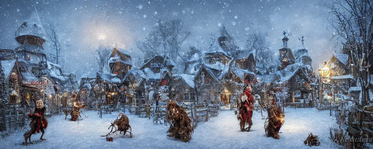 Image similar to Victorian Krampus in a snowy christmas village by antoni piotrowski