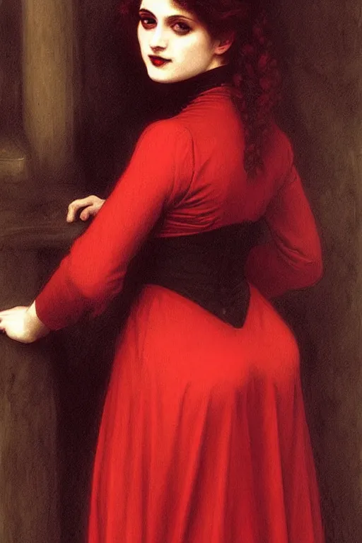 Image similar to victorian vampire in red dress, painting by rossetti bouguereau, detailed art, artstation