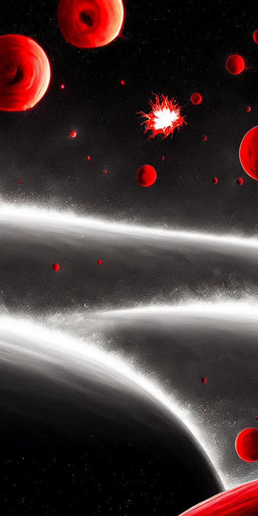 Image similar to black white red, graphic design banner of an exploding raving planet by zhelong xu, hyperrealistic, graphics