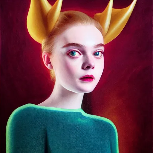 Prompt: Elle Fanning with devil horns in the style of Paola Vetri, head and shoulders portrait, stormy weather, extremely detailed masterpiece, oil on canvas, low-key neon lighting, artstation, Blade Runner 2049, Roger Deakin’s cinematography, by J. C. Leyendecker and Peter Paul Rubens and Edward Hopper and Michael Sowa,