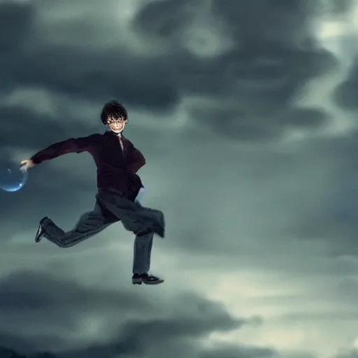 Image similar to Harry potter upright and levitating, back view, thunderclouds, cinematic shot, intricate detail and quality, movie still, nighttime, crescent moon, minor motion blur, action shot, photorealistic, intense scene, visually coherent, symmetry, rule of thirds, movement, vivid colors, award winning, directed by Steven Spielberg, Christopher Nolan, Tooth Wu, Asher Duran, Greg Rutkowski