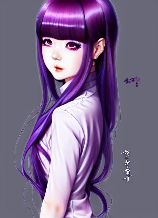 Image similar to full body illustration of an ulzzang korean girl purple hair with hime cut bangs, head slightly tilted, wearing an ornate cheongsam, ilya kuvshinov, anime, pixiv top monthly, trending on artstation, cinematic, danbooru, zerochan art, kyoto animation