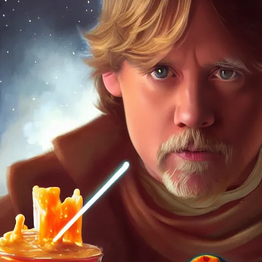 Prompt: Luke Skywalker eating big macs, dripping BBQ Sauce, serving happy meals, D&D, spilling ketchup, fantasy, intricate, elegant, highly detailed, digital painting, artstation, concept art, matte, sharp focus, illustration, hearthstone, art by Artgerm and Greg Rutkowski and Alphonse Mucha